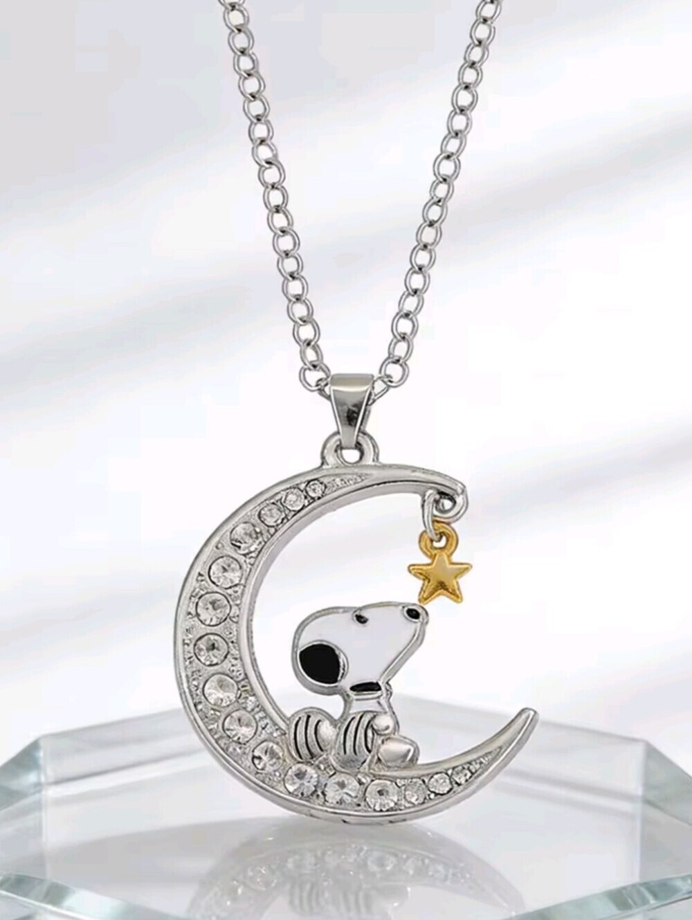 Snoopy Moon & Star Necklace Rhinestone Pendant Silver Tone 60cm Chain - Picture 5 of 9
